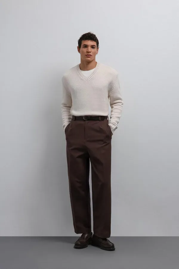 Antioch Ecru Textured V-Neck Men's Sweater