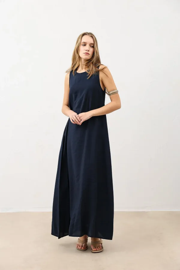 Robe midi Antioch bleu marine drapée à col halter