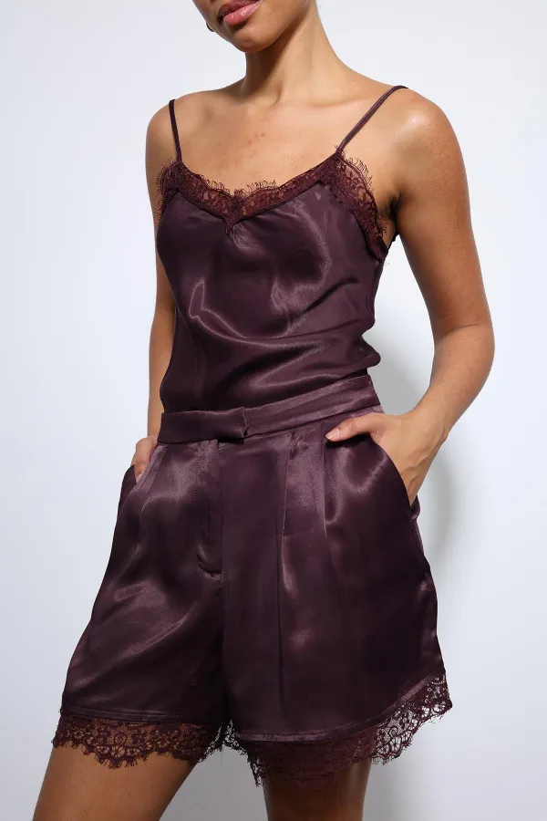 Antioch Bordo Dantel Detaylı Saten Şort