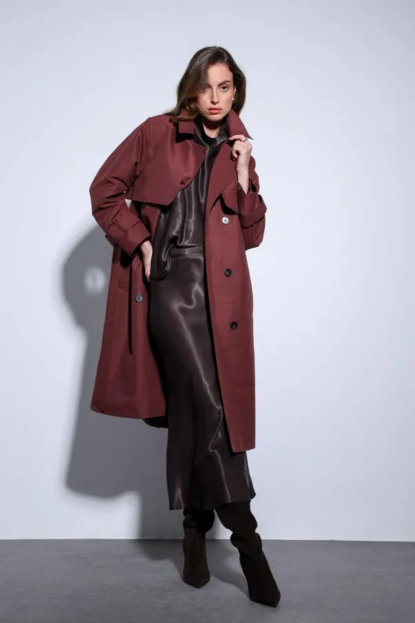 Trench-coat Antioch bordeaux à double boutonnage et ceinture pour femme