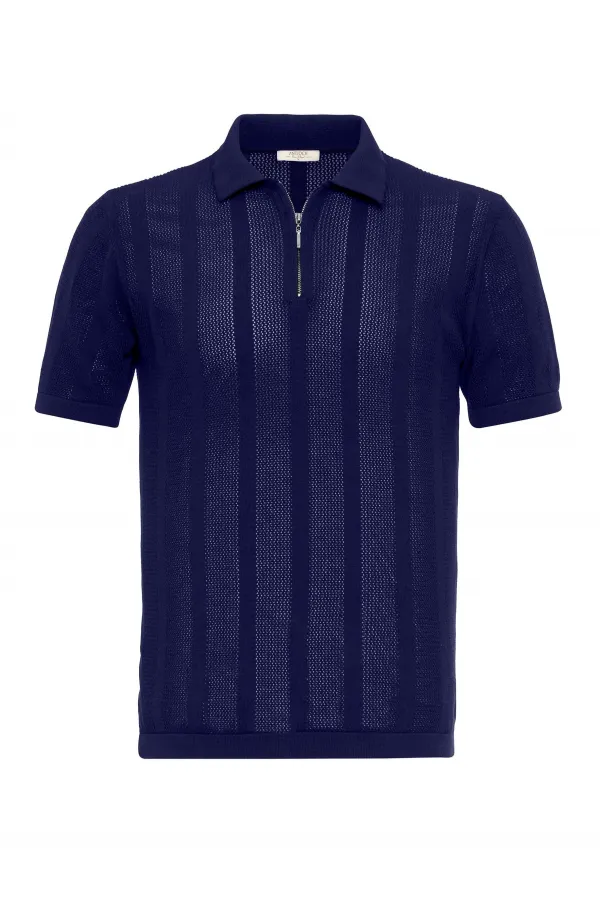 Antioch Navy Blue Polo Collar Zip-Up Knitted Men's T-Shirt