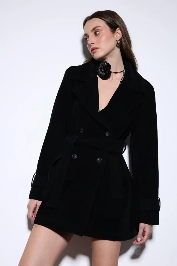 Antioch Black Suede Look Women's Trench Coat