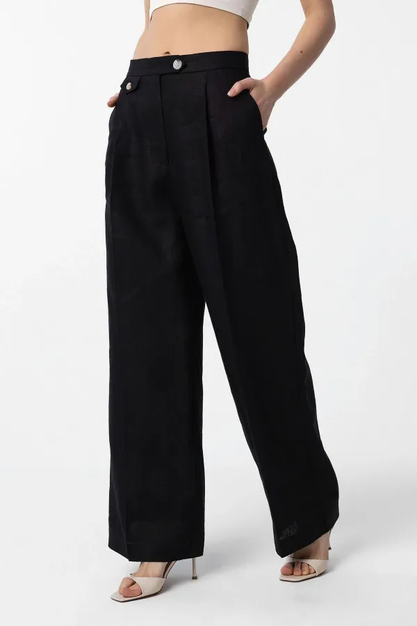 Antioch Black 100% Linen High Waist Pleated Women's Trousers