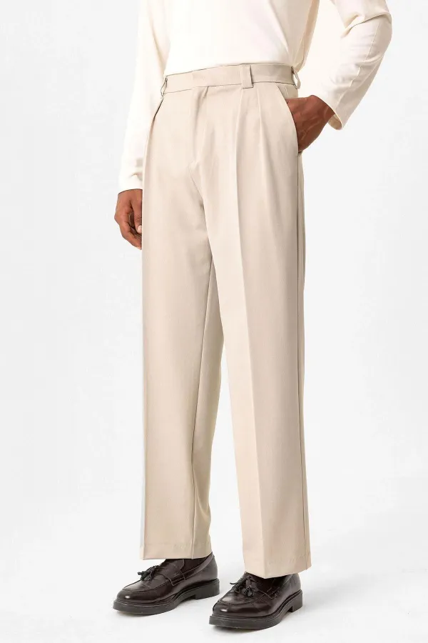 Antioch Bej Yüksek Bel Pileli Relaxed Fit Baggy Erkek Pantolon