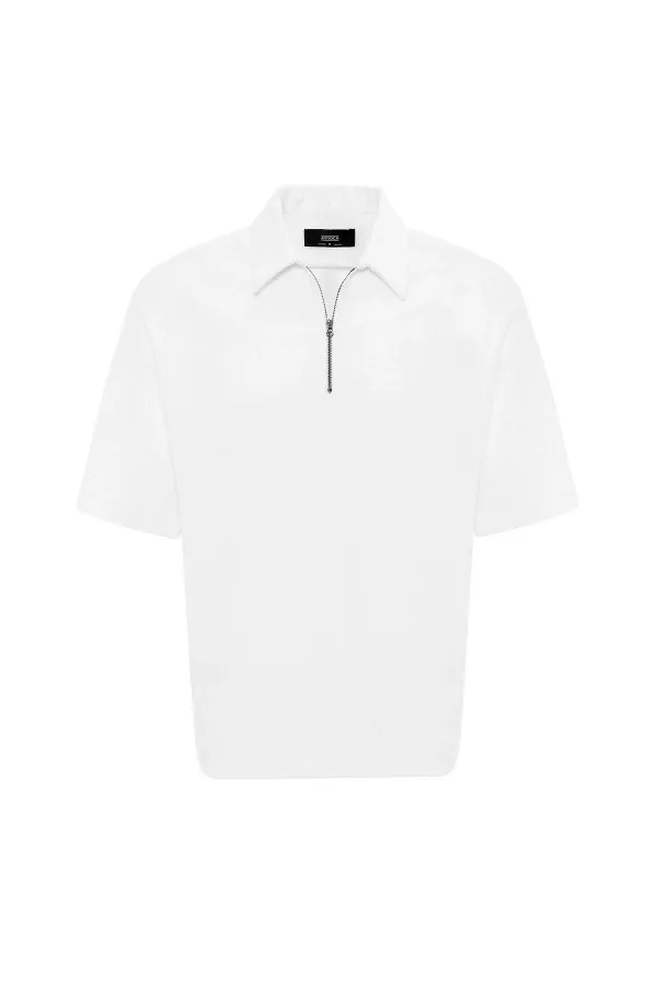 Antioch Ekru Relax Fit Fermuarlı Polo Yaka Erkek T-Shirt