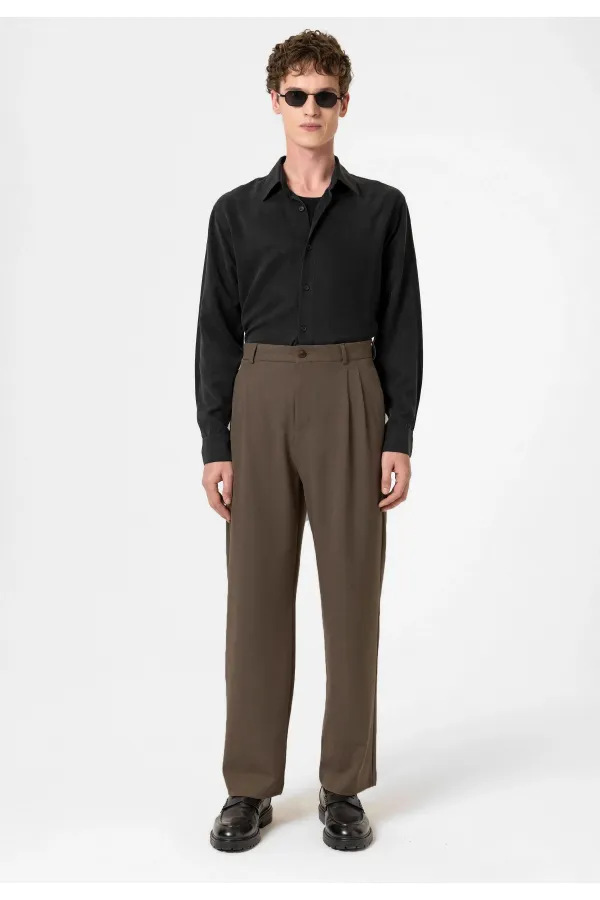 Pantalon Antioch marron clair, taille haute, plissé, coupe décontractée, pour homme