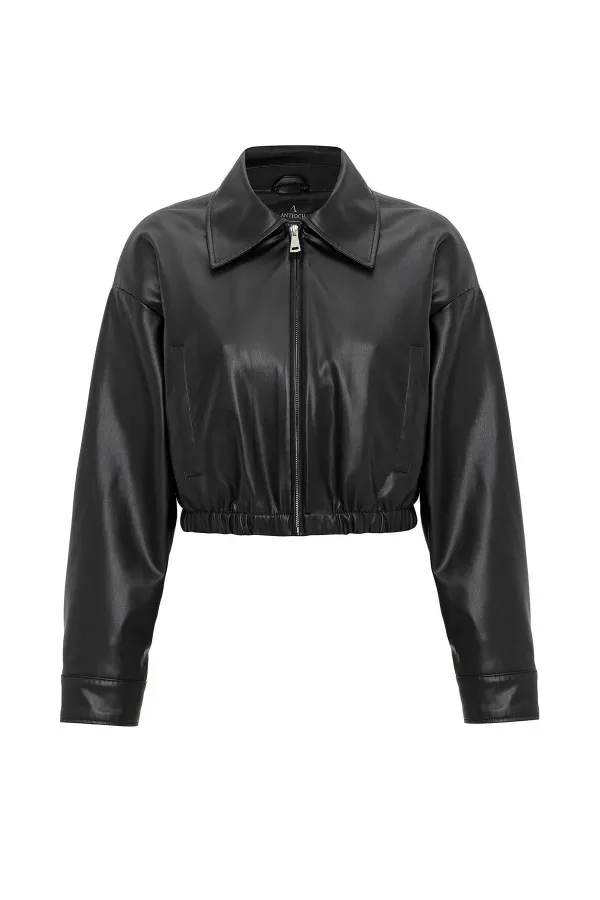 Antioch Siyah Crop Suni Deri Kadın Ceket