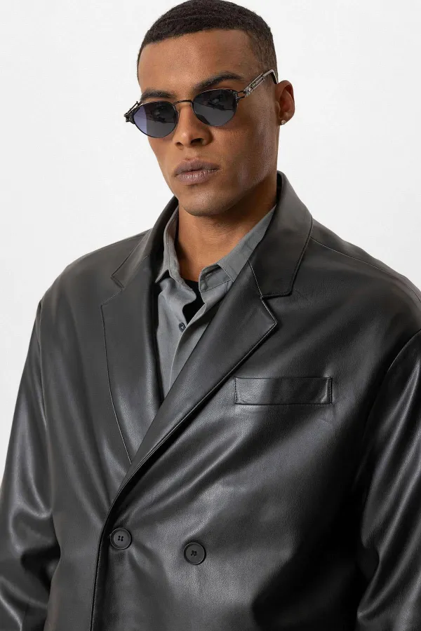 Antioch Siyah Suni Deri Kruvaze Erkek Ceket