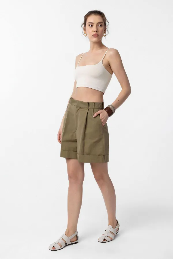 Antioch Haki Yüksek Bel Pensli  Kadın Bermuda Şort