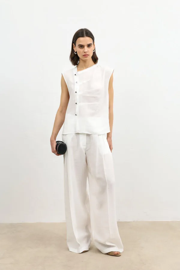 Antioch Ecru Lyocell Blend Wide Leg Women's Trousers