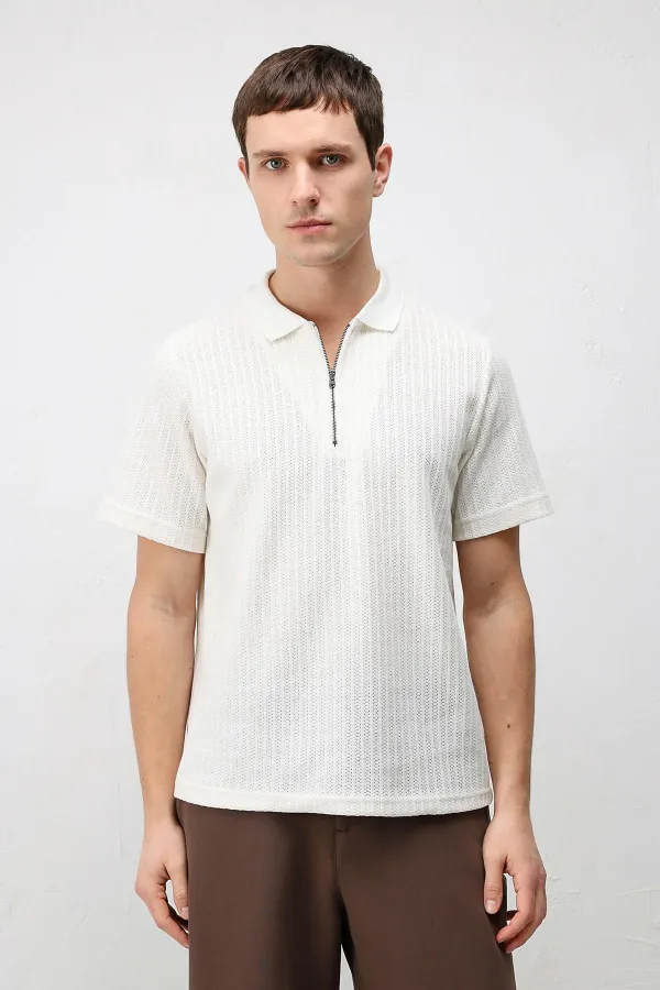 Antioch Beyaz Dokulu Örme Polo Yaka Erkek T-Shirt