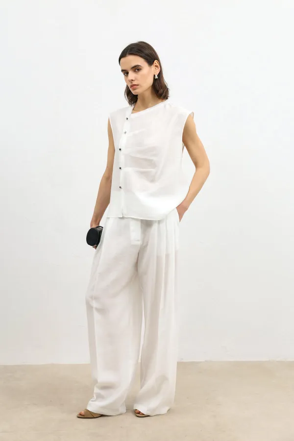 Antioch Ecru Lyocell Blend Wide Leg Women's Trousers