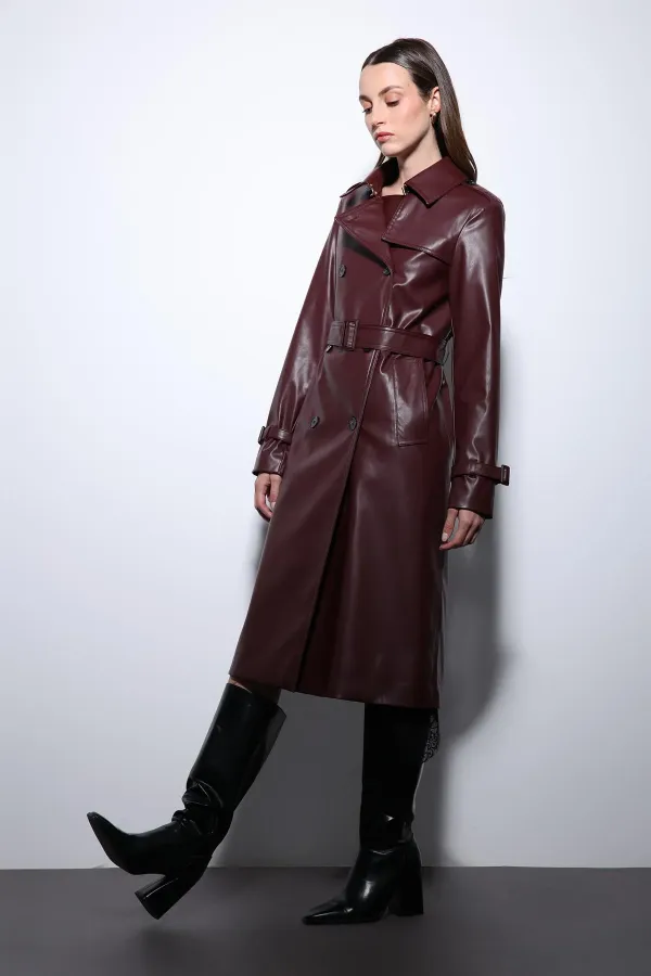 Trench-coat ceinturé en similicuir bordeaux pour femme, style Antioch