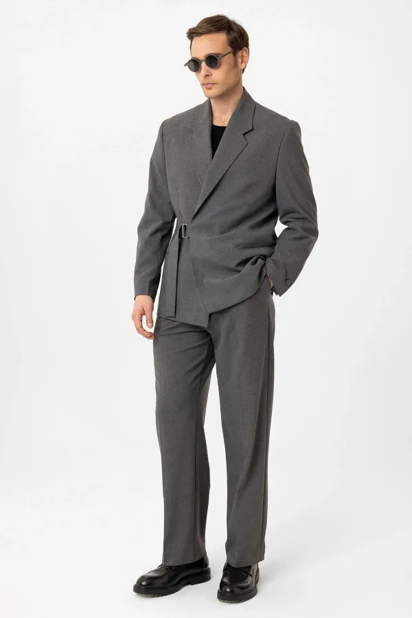 Antioch Gri Kuşaklı Relax Fit Erkek Blazer Ceket