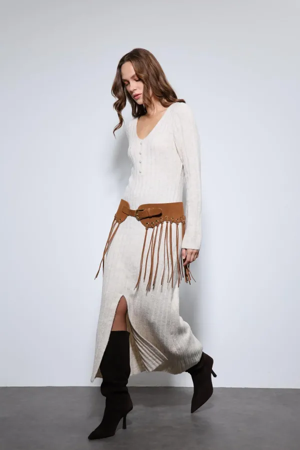 Antioch Off-White Knit Dress with Slit Detail