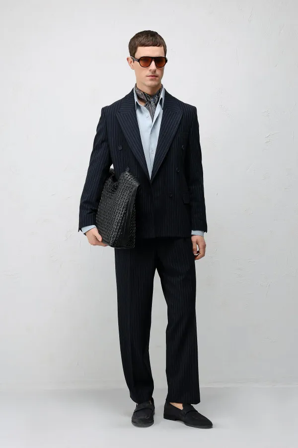 Antioch Koyu Lacivert Relaxed Fit Çizgili Erkek Takım Elbise