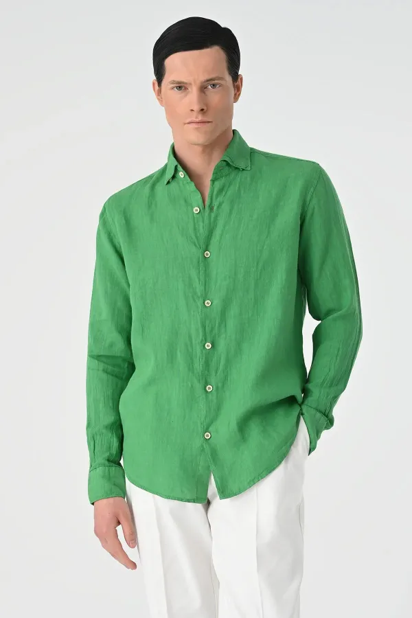 Chemise homme Antioch vert pistache avec bouton au col, 100 % lin