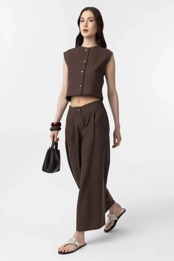 Antioch Kahve Keten Karışımlı Kadın Yelek