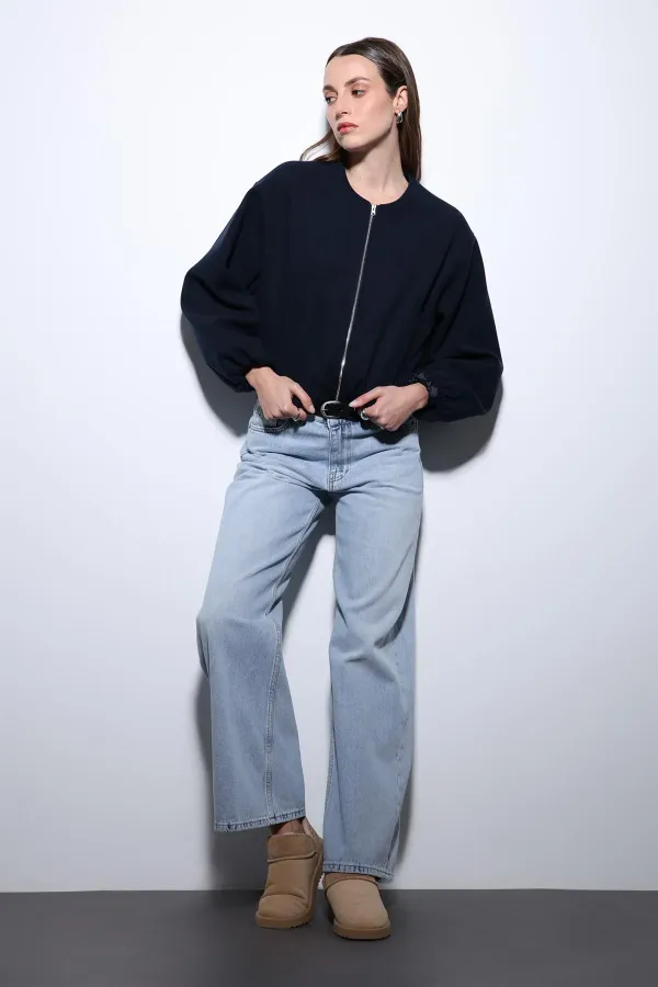 Veste courte bleu marine Antioch avec taille élastique pour femme