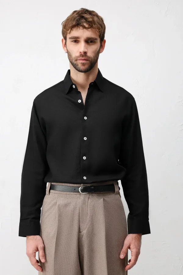 Chemise homme Antioch en lin mélangé noir, coupe décontractée