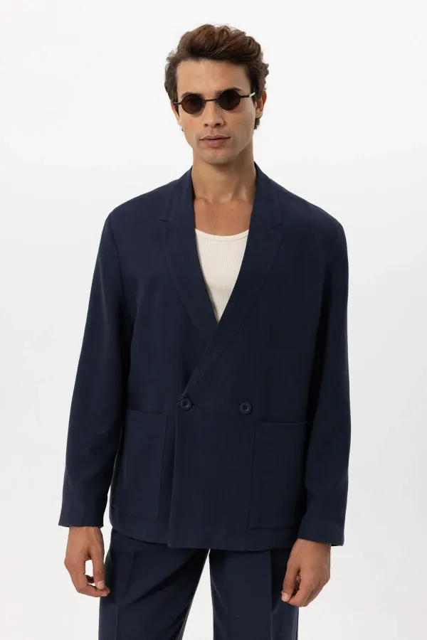 Antioch Lacivert Keten Karışımlı Kruvaze Düğmeli Erkek Blazer Ceket Antioch Lacivert Keten Karışımlı Kruvaze Düğmeli Erkek Blazer Ceket