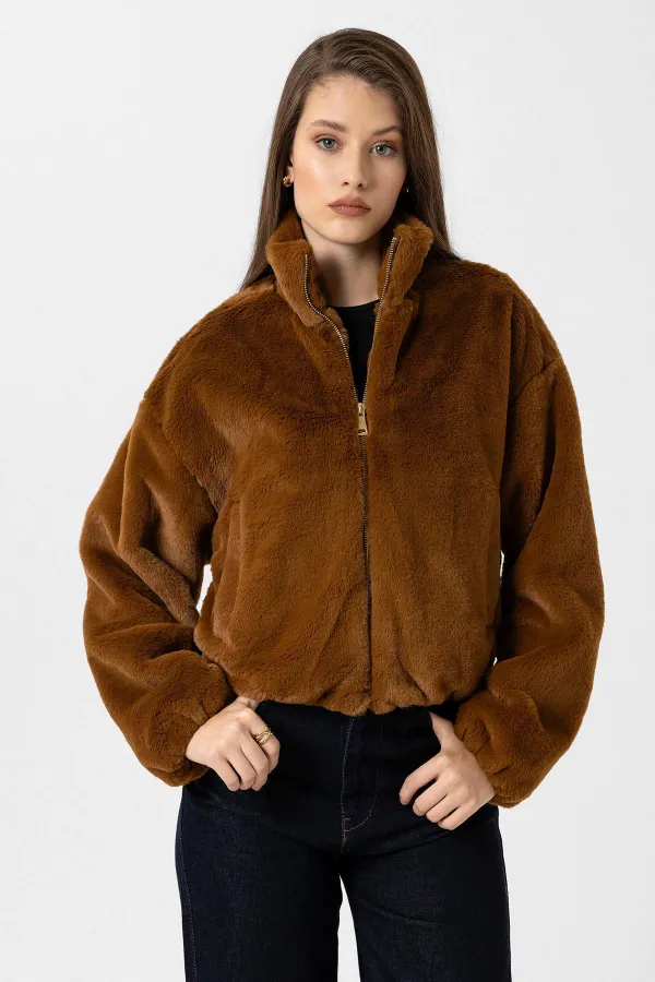 Manteau en fausse fourrure pour femme Antioch Coffee avec taille élastique