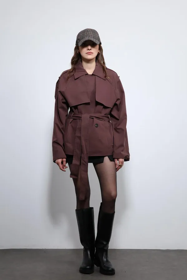 Antioch Bordo Kemerli Kısa Trençkot