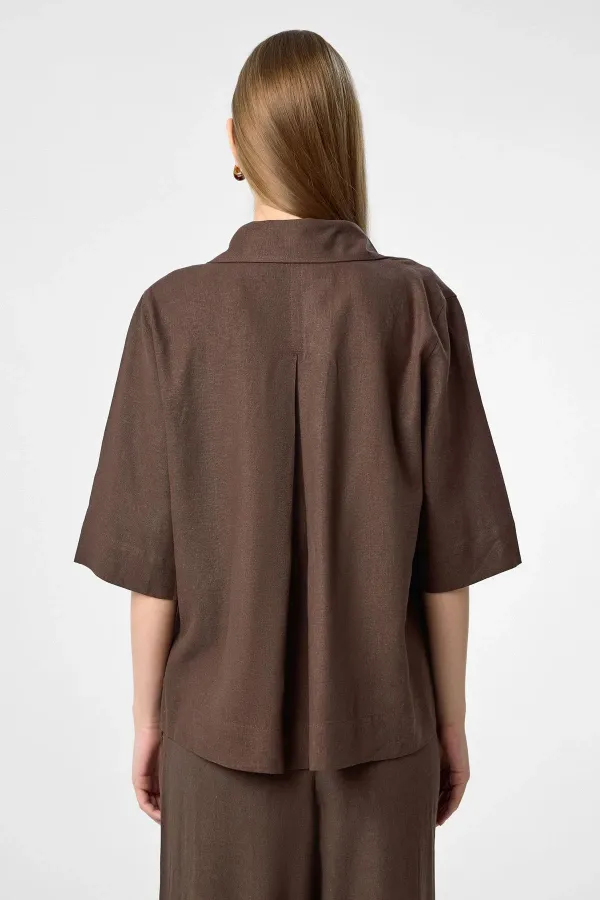 Antioch Kahve Keten Karışımlı Kadın Gömlek
