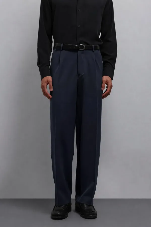 Antioch Koyu Lacivert Relax Fit Baggy Pilili Erkek Pantolon
