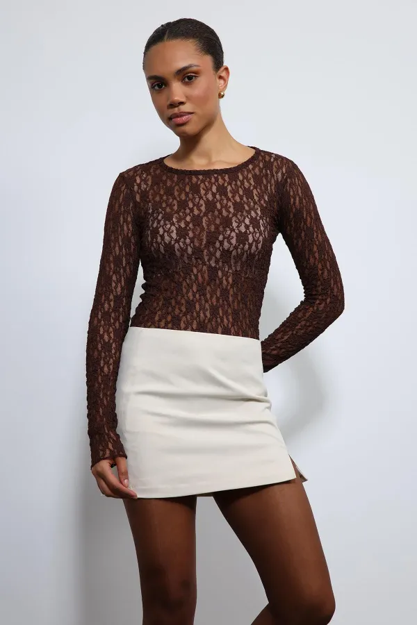 Antioch Kahve Dantel Detaylı Transparan Bluz
