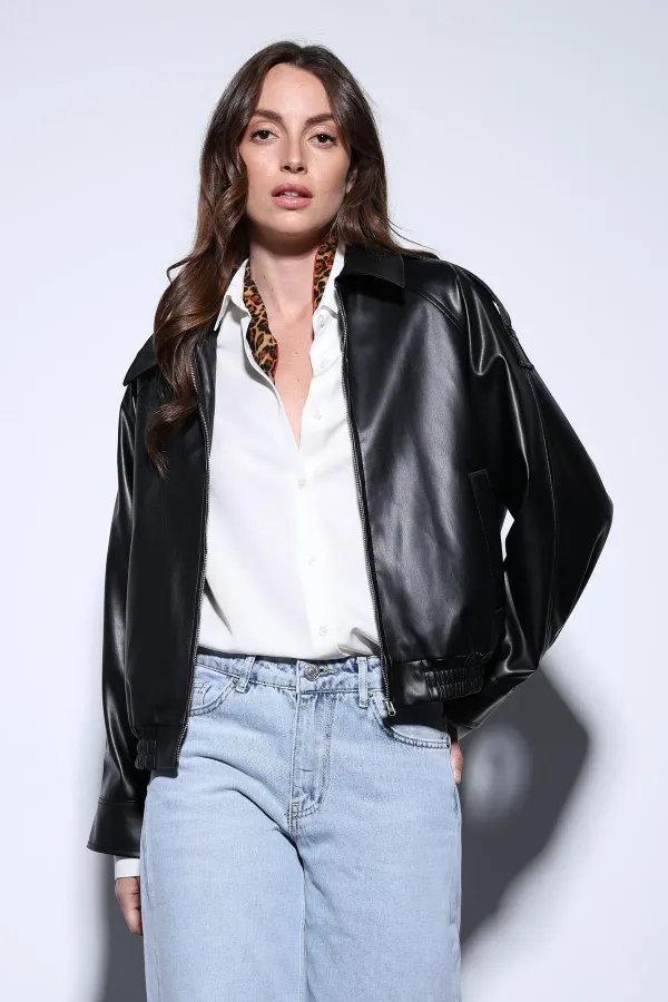 Veste bomber Antioch en similicuir noir