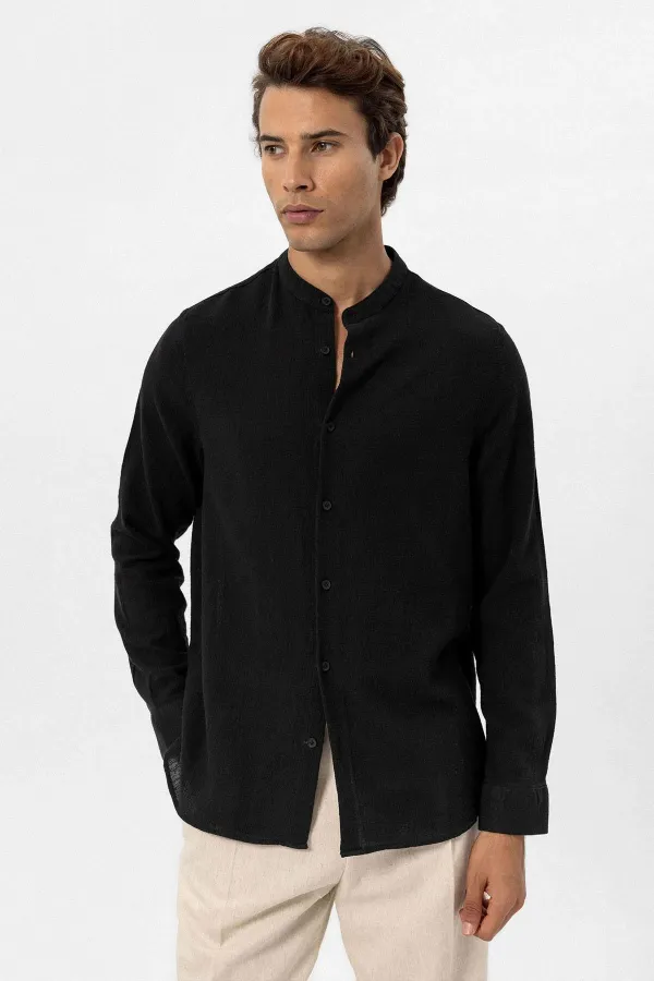 Antioch Black Mandarin Collar Woven Men's Shirt
