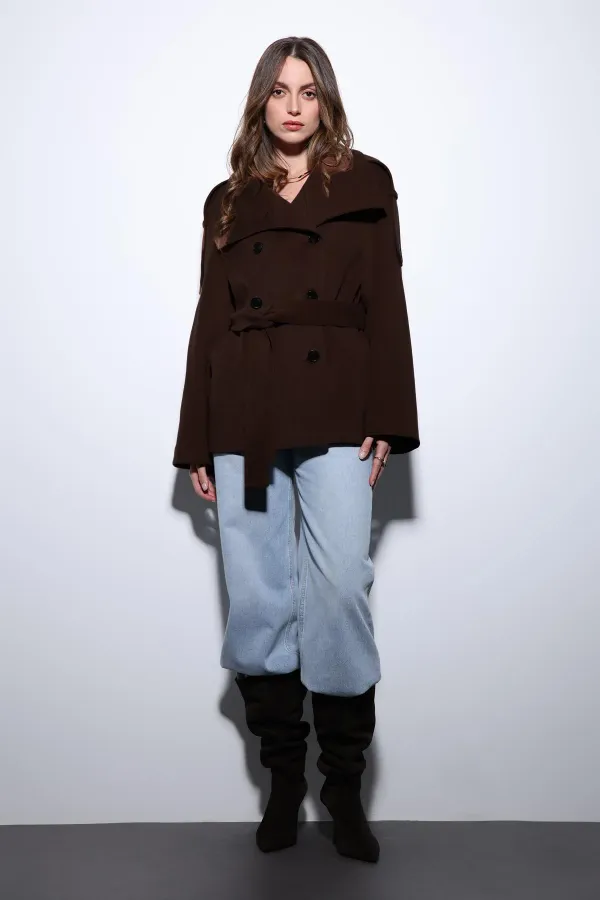 Antioch Koyu Kahve Dik Yaka Kruvaze Kadın Kaban