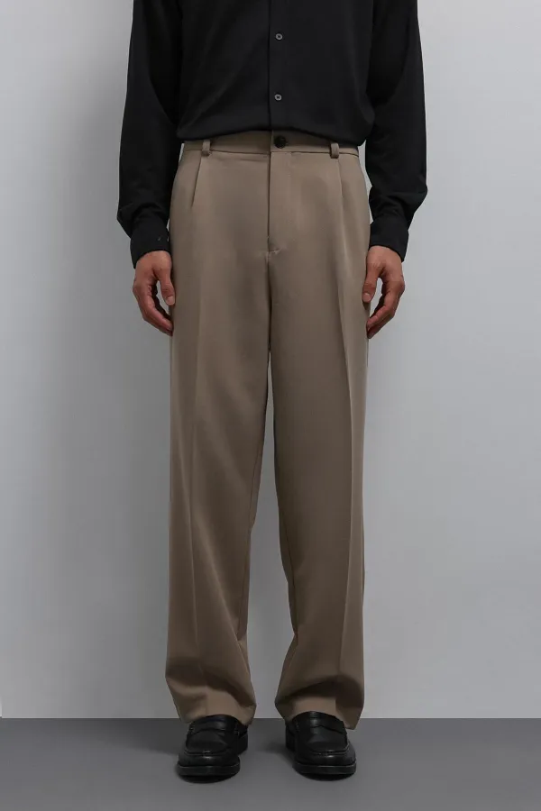 Antioch Beige Relax Fit Baggy Pleated Men's Trousers