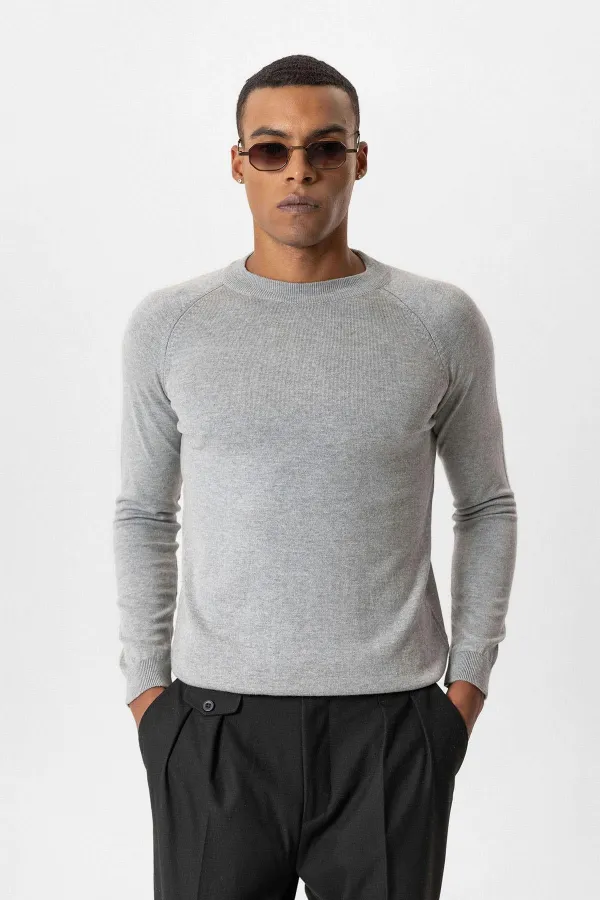 Antioch Gri Melanj Bisiklet Yaka Slim Fit Triko Kazak