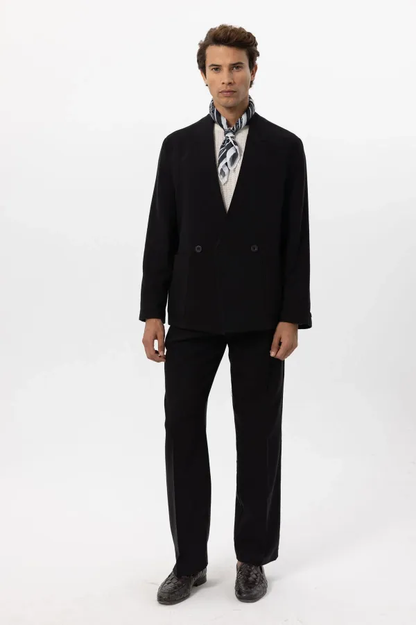 Antioch Black Linen Blend Double-Breasted Button-Down Men's Blazer Jacket