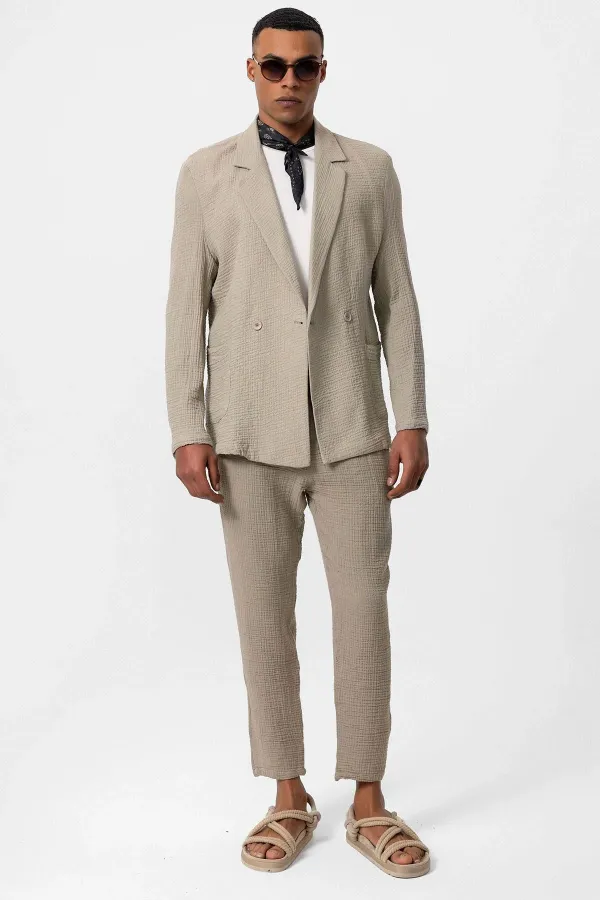 Antioch Beige Double-Breasted Unlined Men's Blazer Jacket