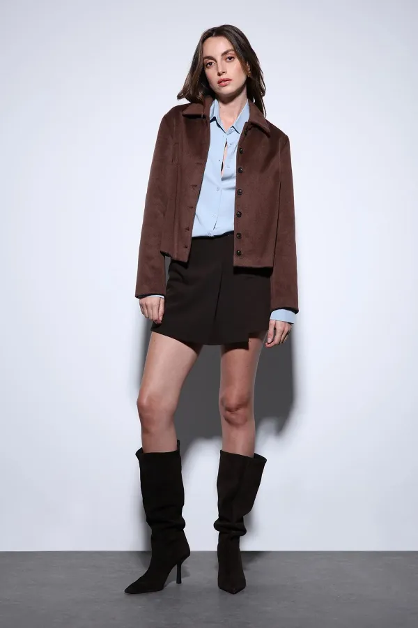 Veste courte en cachemire à col chemise Antioch Coffee