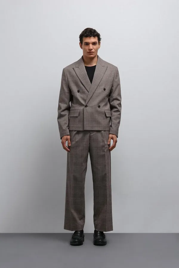 Antioch Kahve Ekoseli Kruvaze Erkek Blazer Ceket