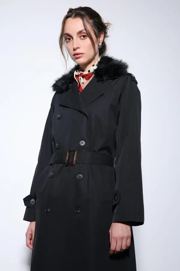 Trench-coat Antioch noir à col en fausse fourrure pour femme