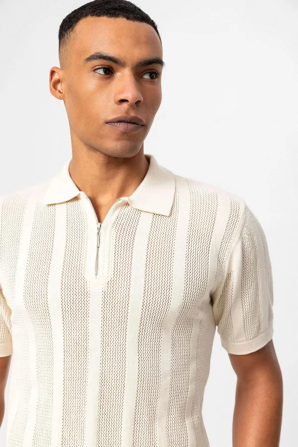 Antioch Ekru Polo Yaka Fermuarlı Örme Erkek T-Shirt