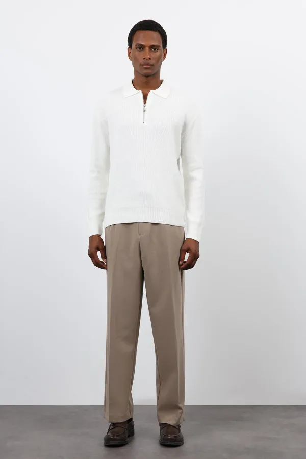 Antioch Ekru Fermuarlı Erkek Triko Kazak