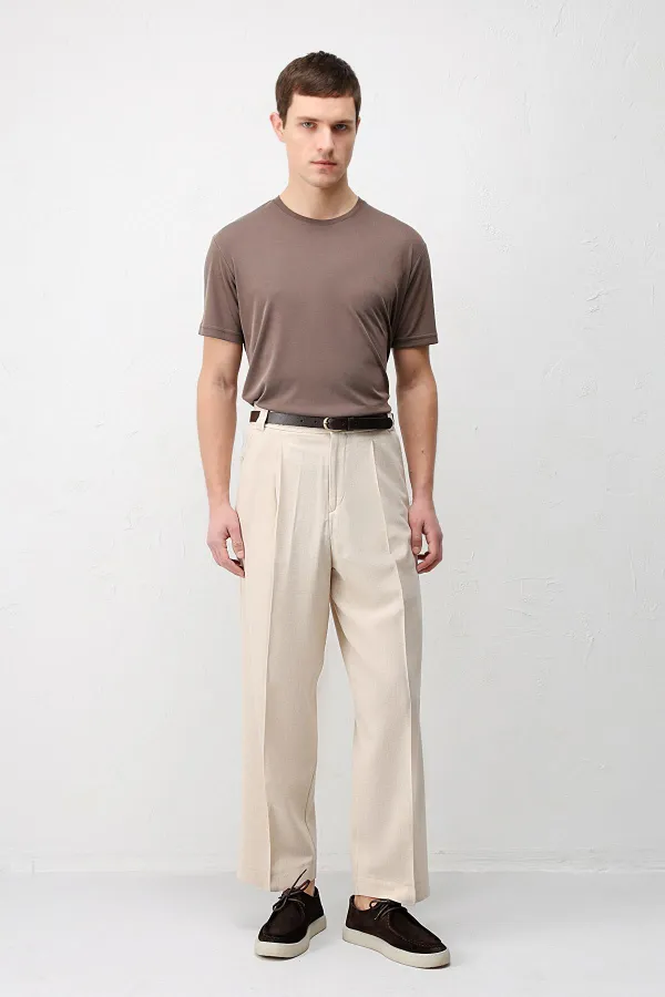 Antioch Beige High Waist Pleated Relax Fit Men's Trousers