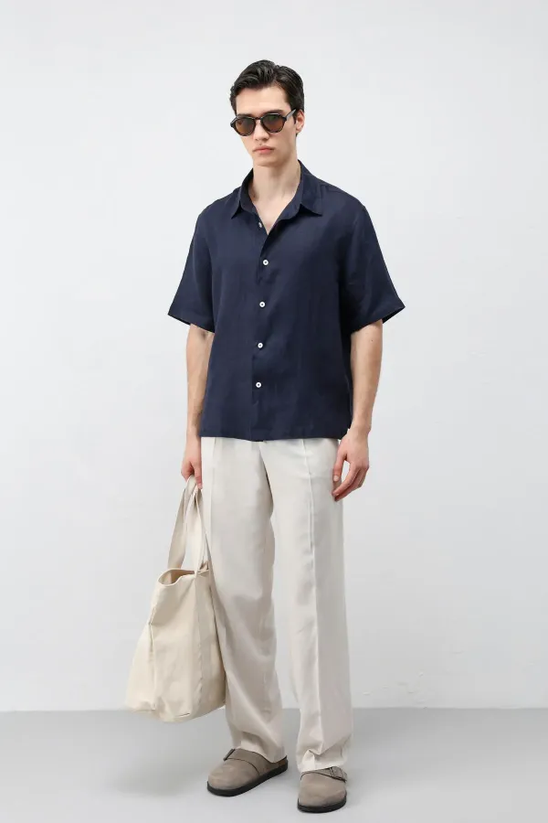 Chemise homme Antioch bleu marine 100 % lin coupe décontractée