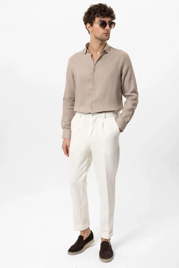 Antioch Bej Yaka Düğme Detaylı %100 Keten Erkek Gömlek