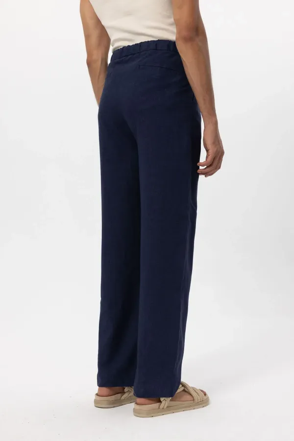 Antioch Navy Blue Linen Blend Baggy Men's Trousers with Belt
