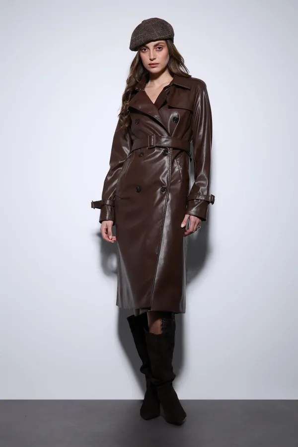 Trench-coat ceinturé en similicuir pour femme Antioch Coffee