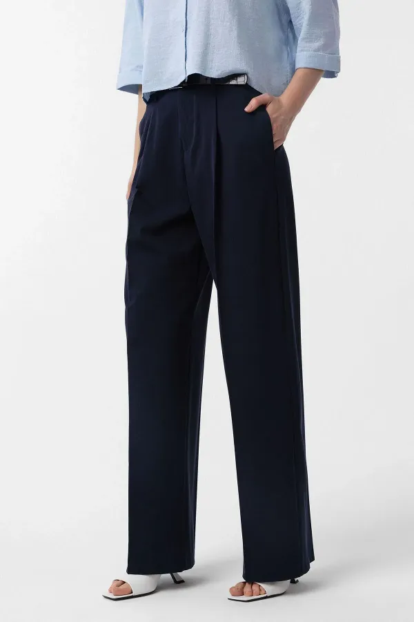 Antioch Lacivert Yüksek Bel Pilili Kadın Pantolon