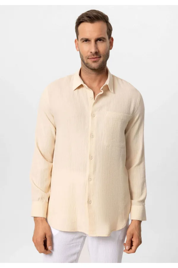 Antioch Bej Müslin Kumaş Uzun Kollu Erkek Gömlek