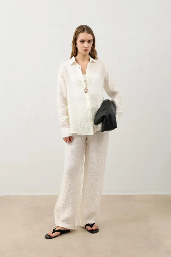 Antioch Ekru Dökümlü Müslin Kadın Gömlek